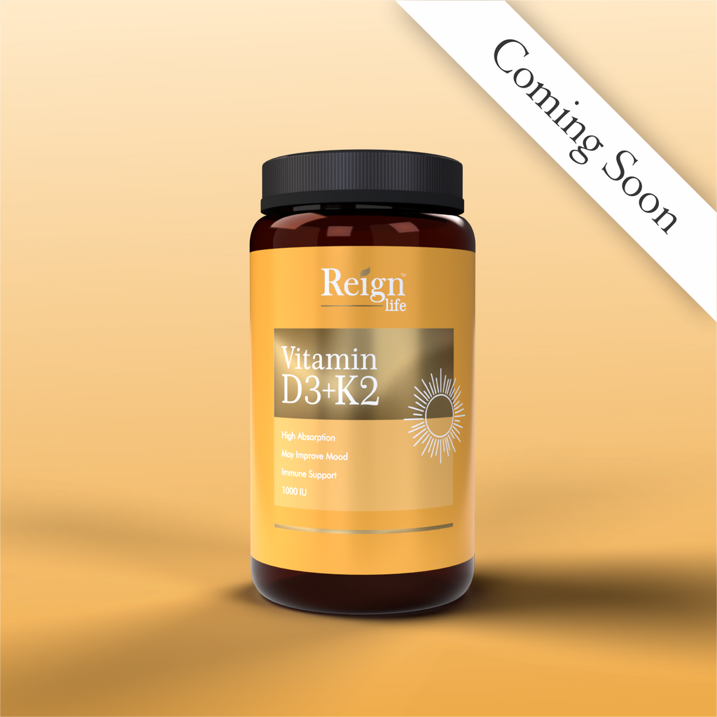 Vitamin D3+K2 supplement bottle with 'Reign Life' label on a beige background