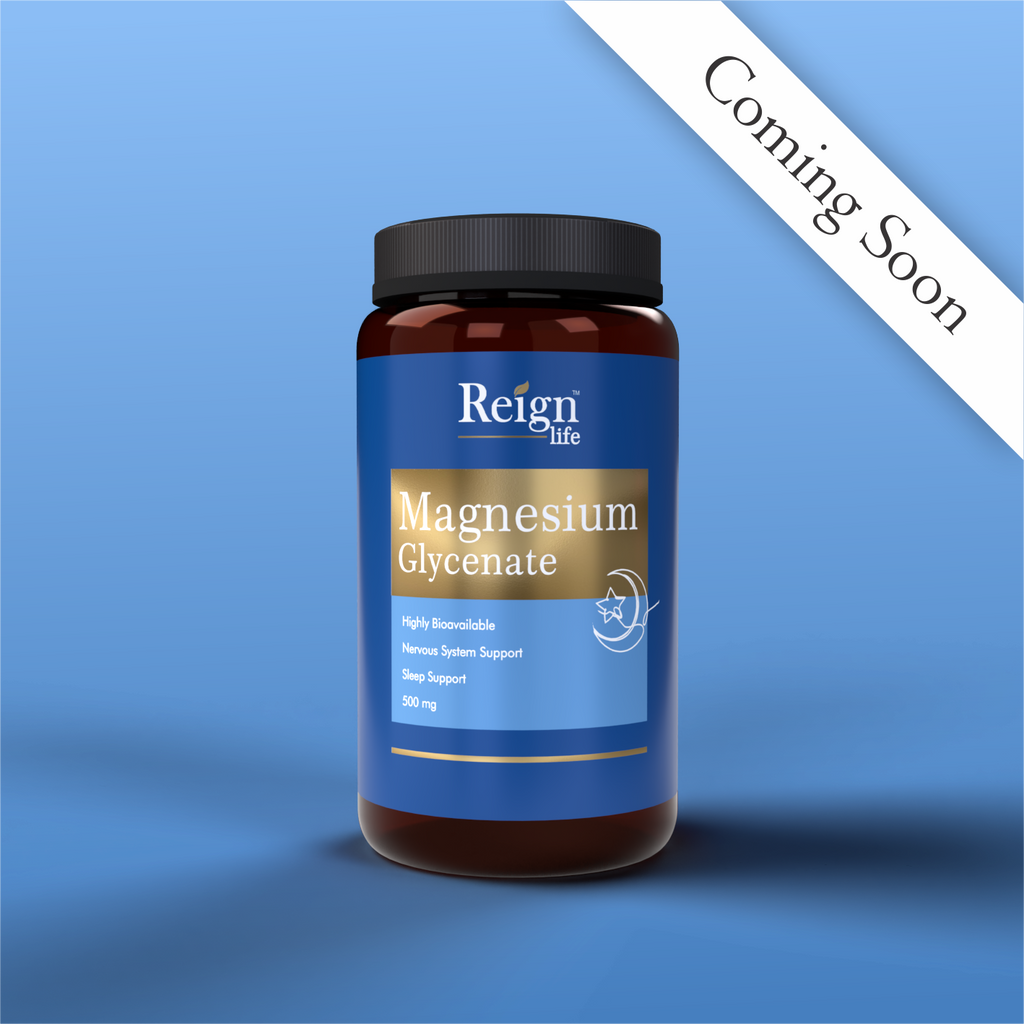 Bottle of Reign Life Magnesium Glycinate on a blue background with 'Coming Soon' text.
