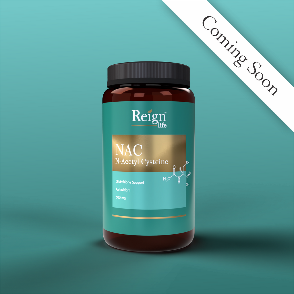 Supplement bottle labeled 'NAC' by 'Reign Life' on a teal background with 'Coming Soon' text.