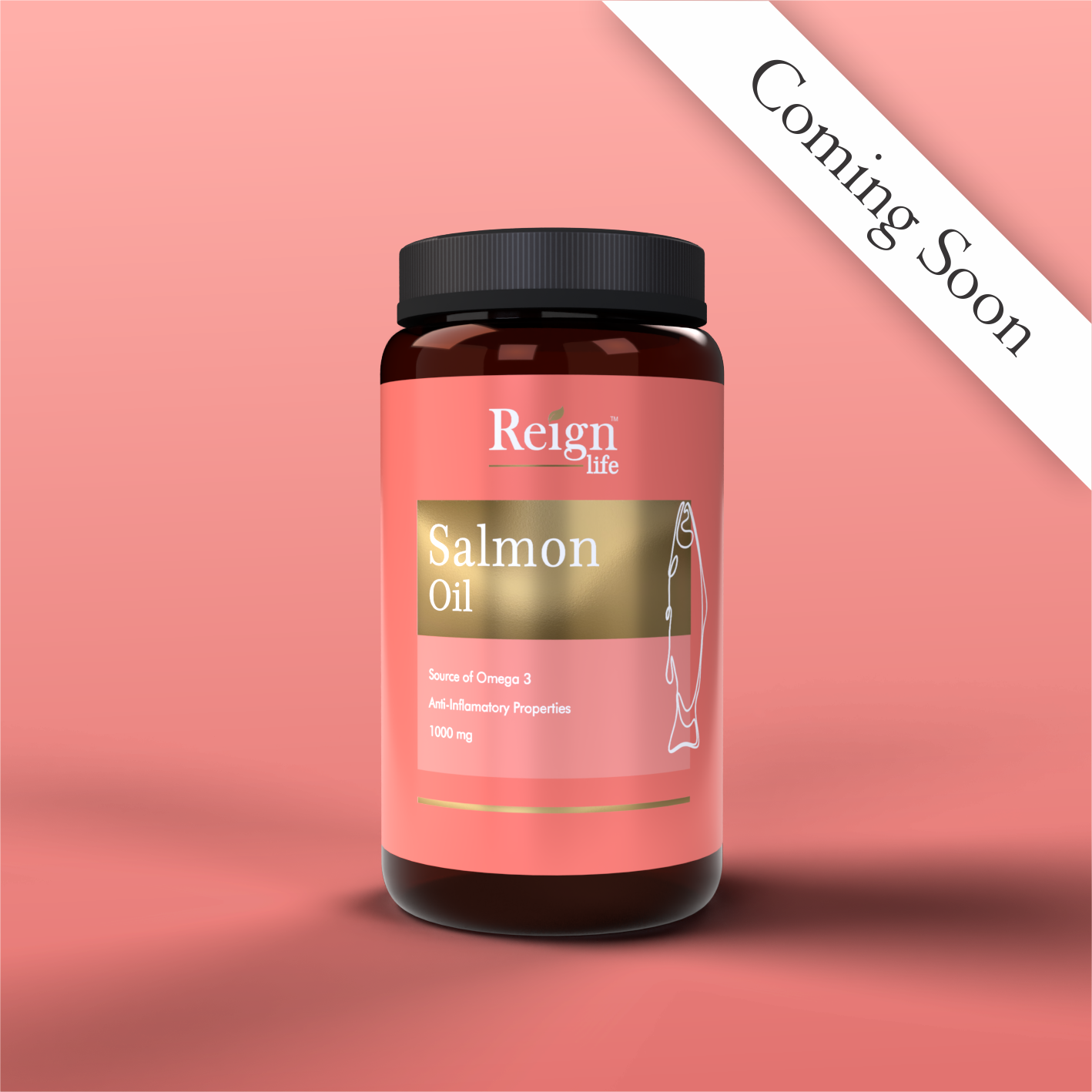 Bottle of Reign Life Salmon Oil on a pink background with 'Coming Soon' text.