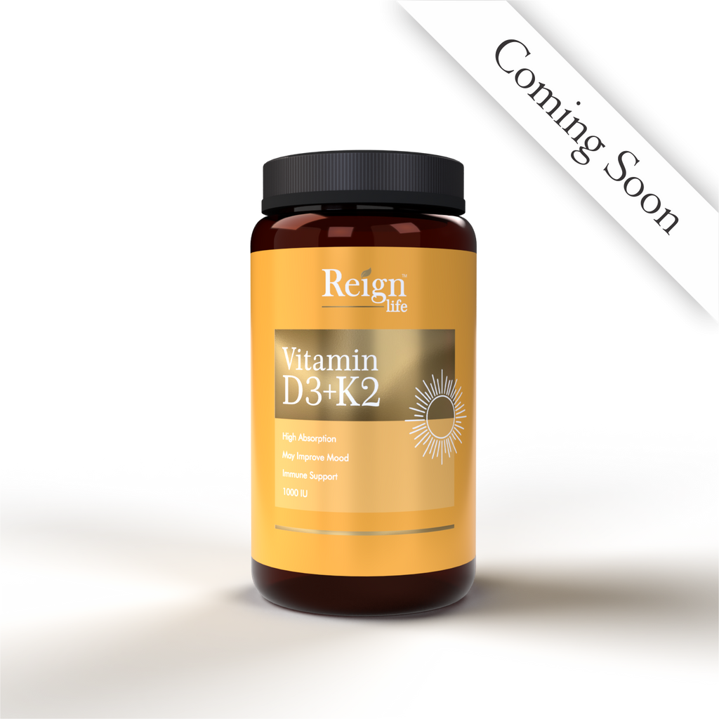 Reign Life Vitamin D3+K2 supplement bottle with label on a white background