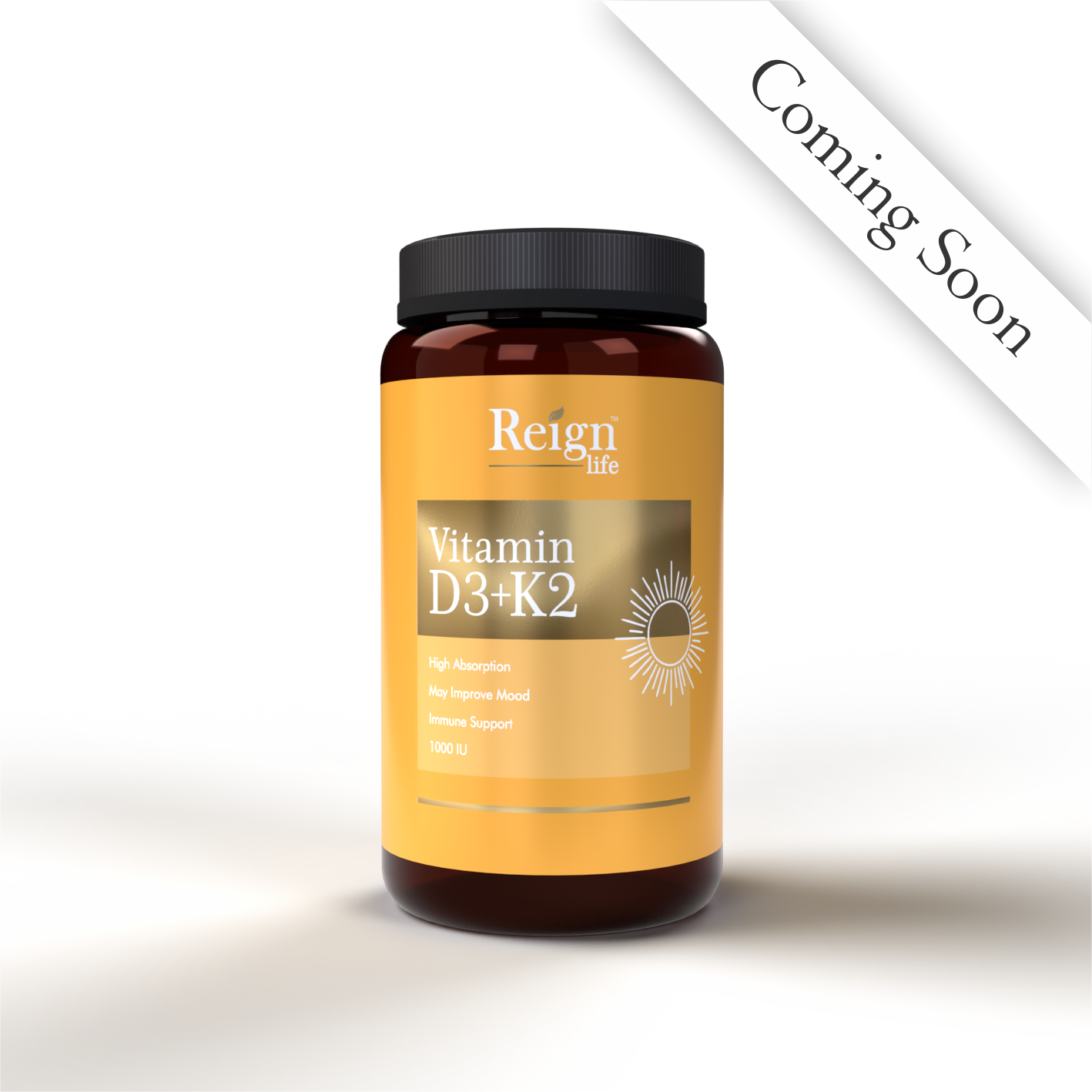 Reign Life Vitamin D3+K2 supplement bottle with label on a white background