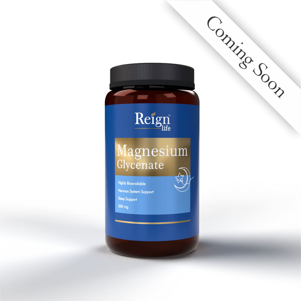 Bottle of Reign Life Magnesium Glycinate on a white background