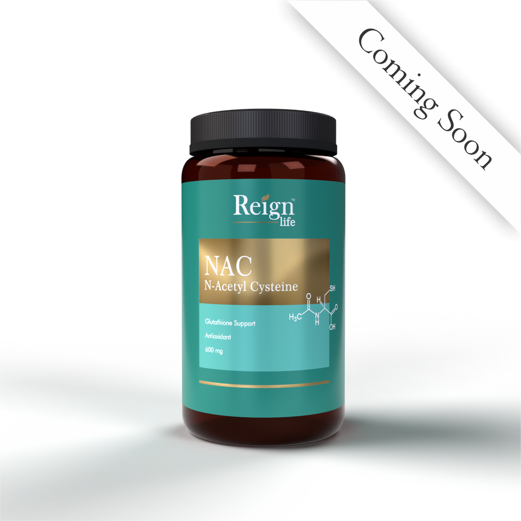 Reign Life NAC supplement bottle on a white background with 'Coming Soon' text.