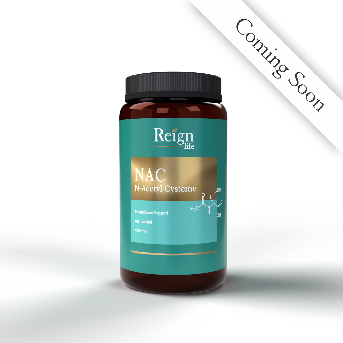 Reign Life NAC supplement bottle on a white background with 'Coming Soon' text.