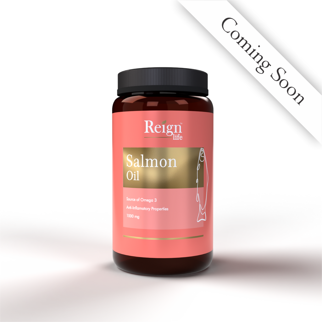 Bottle of Reign Life Salmon Oil on a white background with 'Coming Soon' text overlay.
