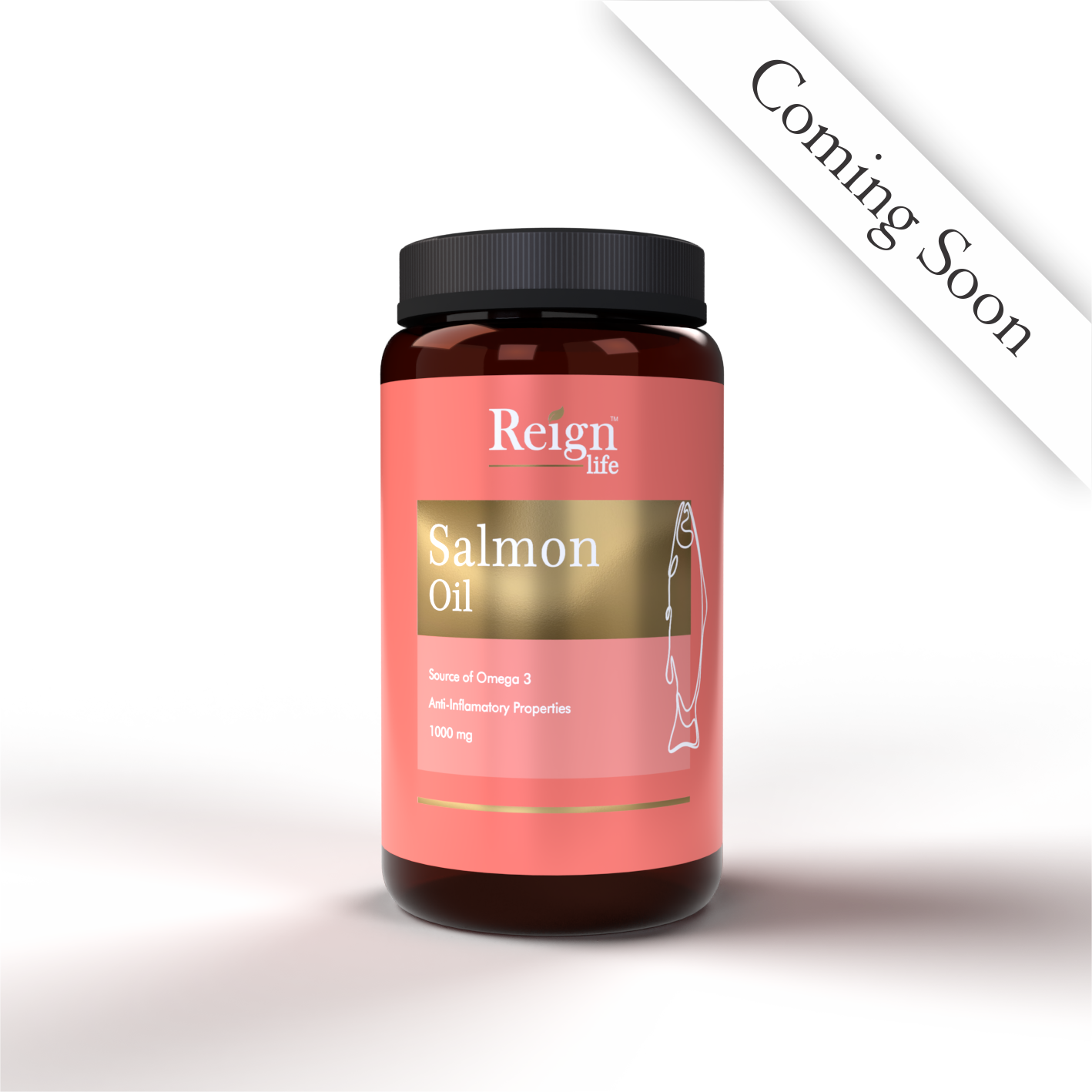 Bottle of Reign Life Salmon Oil on a white background with 'Coming Soon' text overlay.
