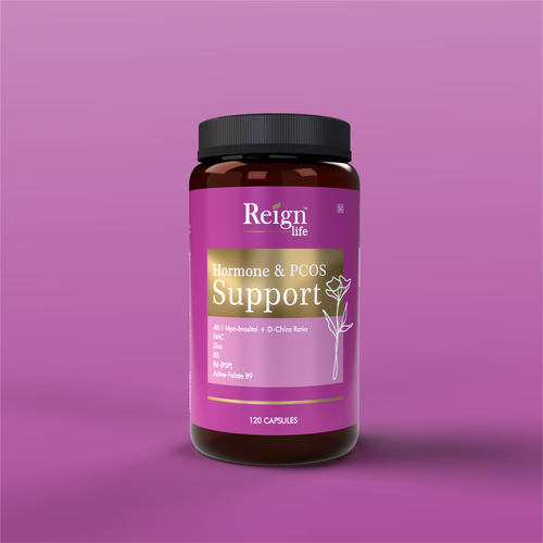 Supplement bottle labeled 'Reign Life Hormone & PCOS Support' on a purple background
