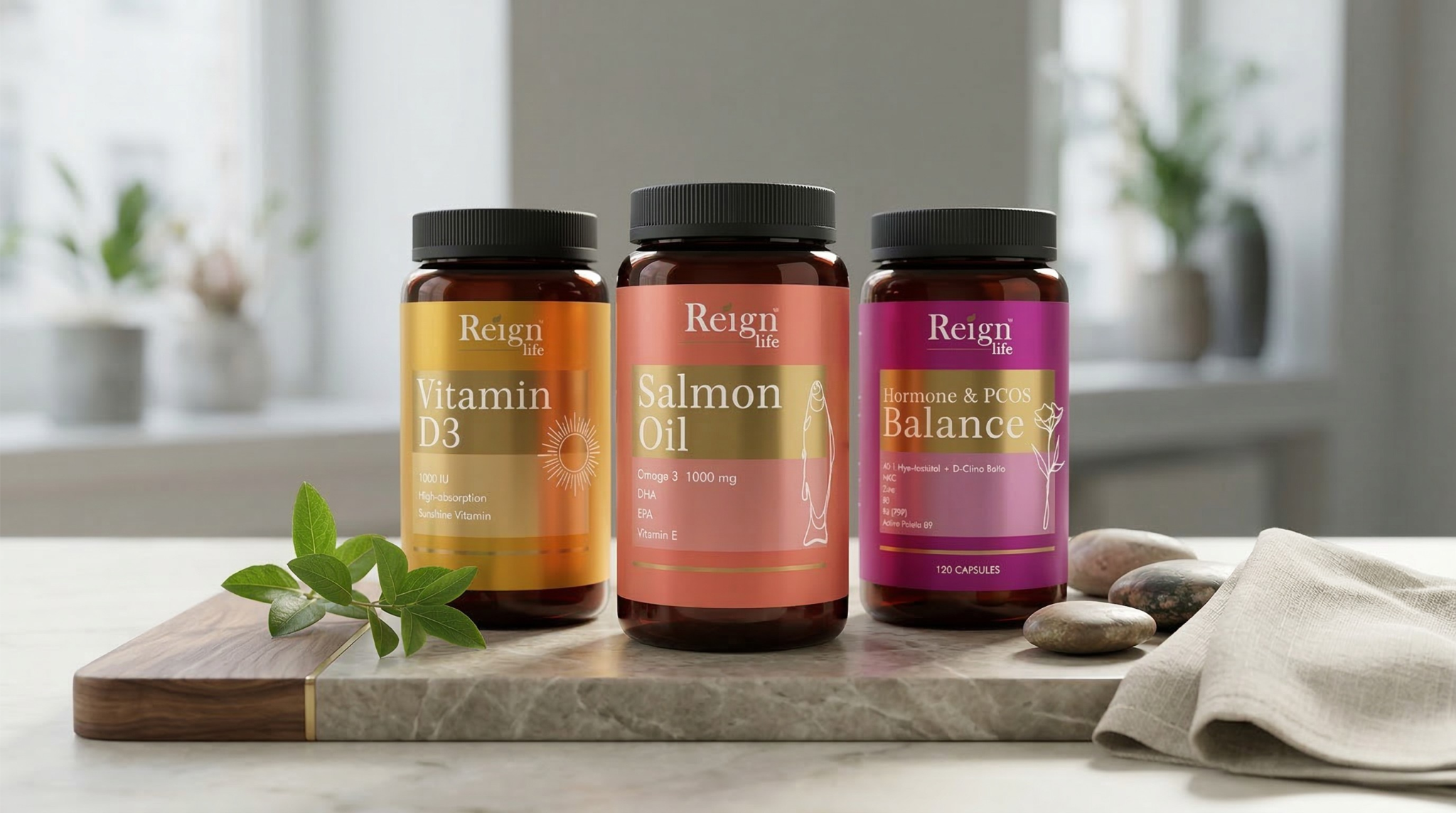 Three bottles of Reign supplements Vitamin D3, Salmon Oil and Hormone & PCOS Support on a marble slab with a neutral background
