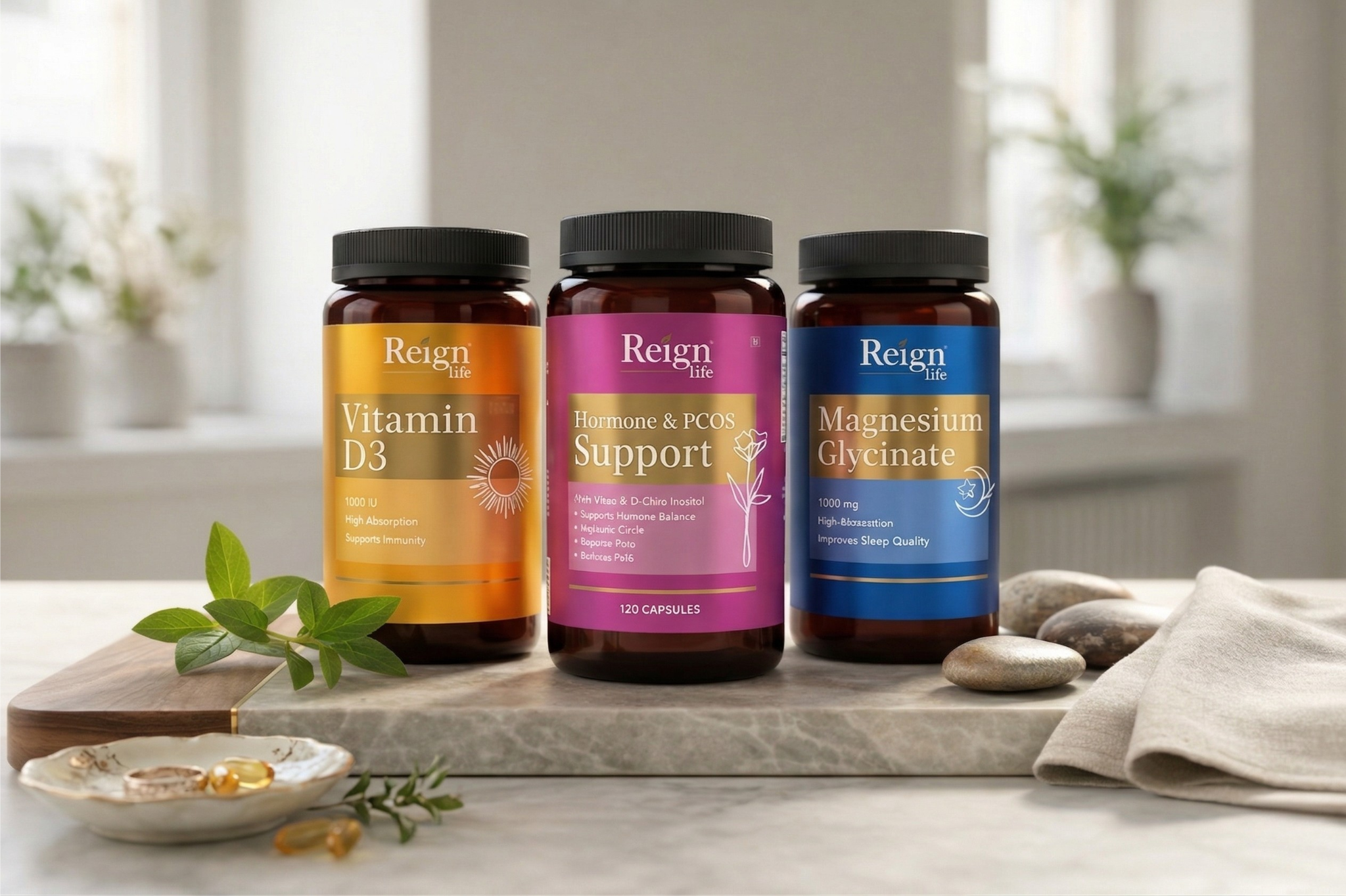 Three supplement bottles labelled 'Vitamin D3', 'Hormone & PCOS Support', and 'Magnesium Glycinate' on a wooden surface with a neutral background.